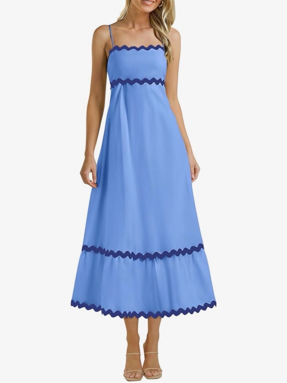 Light Blue Maxi Dress with Navy Scallop Trim